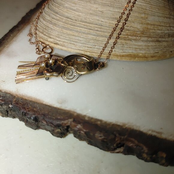 Vintage 12K Gold Moveable Intricate Pendant Necklace 14K GF Chain Pearl Accents - Picture 15 of 16